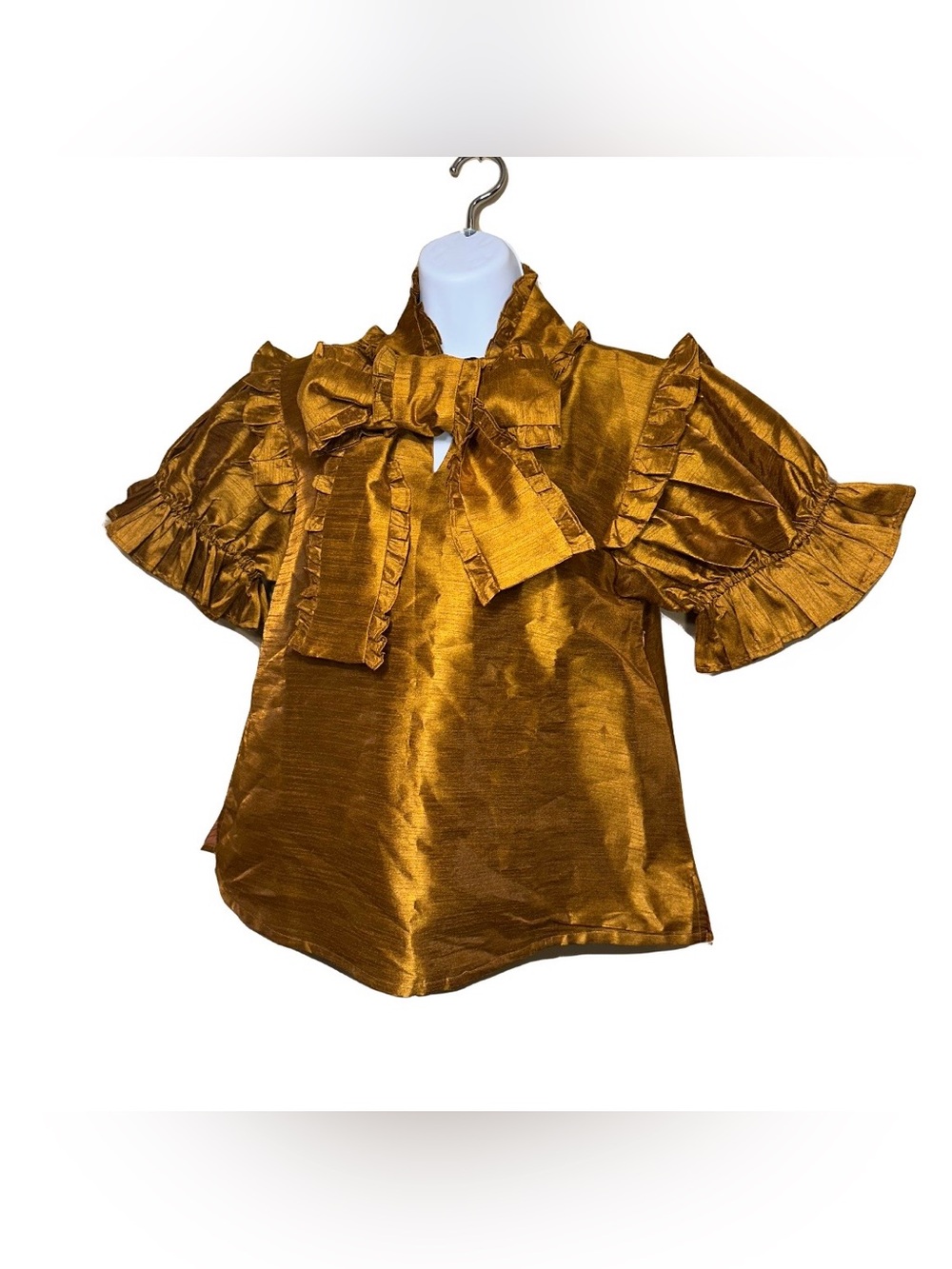 Elizabeth Wilson Bronze Taffeta Ruffle Collar Puff Sleeve Blouse Bow Medium